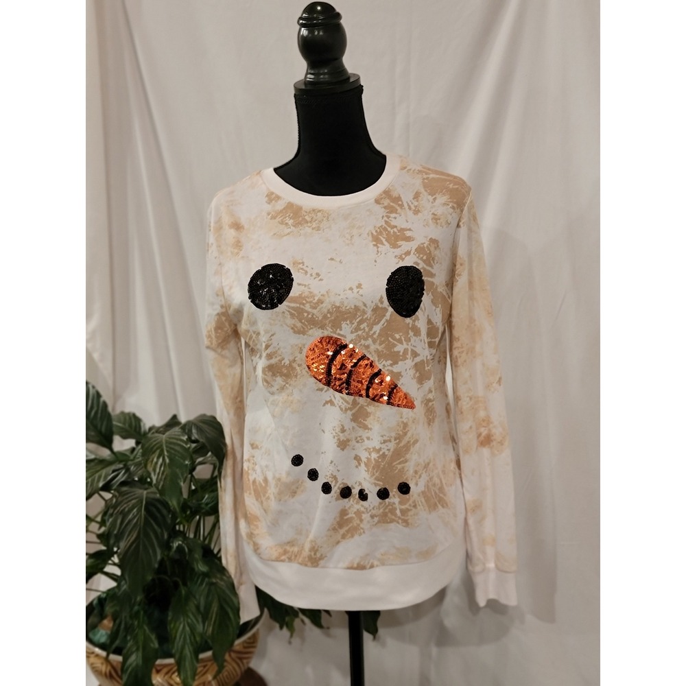 Snowman Face Sequin Tie Dye Sweatshirt Tan White Holiday Christmas Pullover